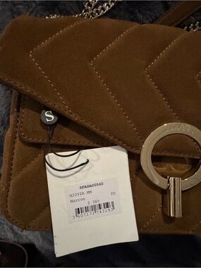 Suede Quilted Marron Crossbody Bag with Gold Ring Accent